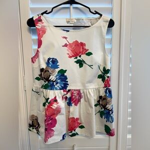 Floral Peplum Tank Top - White with Pink & Blue Flowers